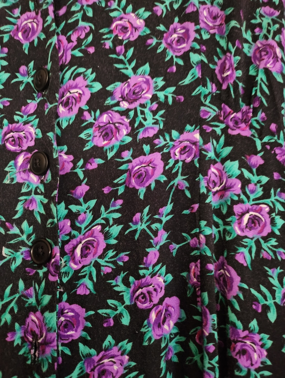 Vintage 90's Floral Button Front Midi Dress in Black with Purple & Teal Flowers - Picture 6 of 8